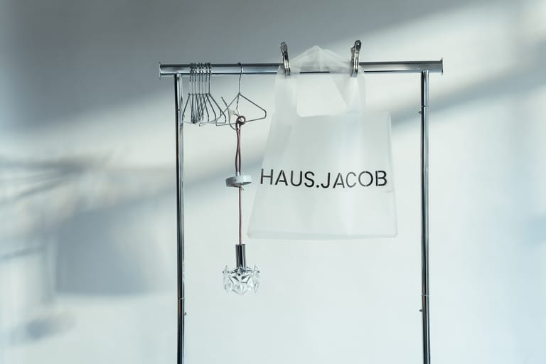 Chrome rack holding crystal KInkeldey pendant and frosted HAUS.JACOB bag, hangers in soft studio light.